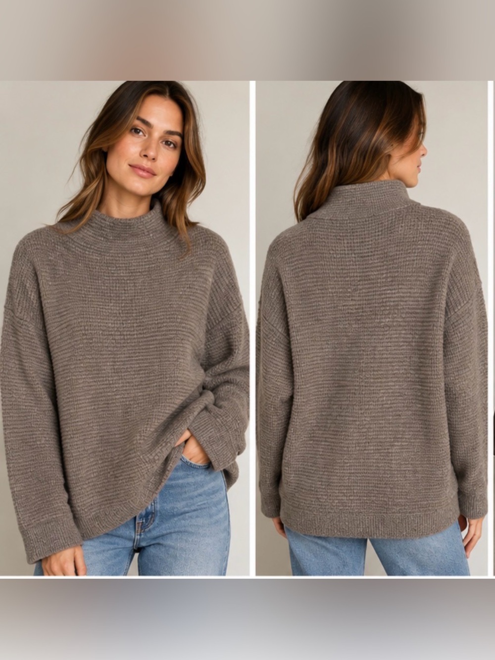 Madewell Southfield Mockneck Sweater M Wool Blend Taupe Oversized Ribbed Scandi